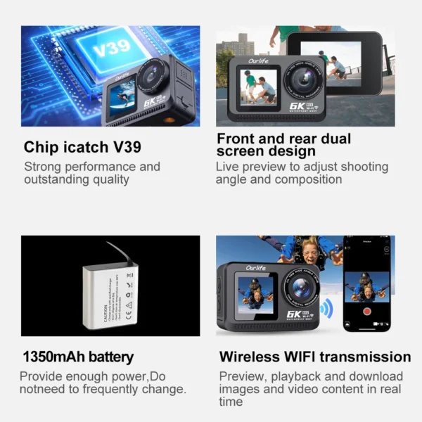 6K Action Camera Sony IMX576 Lens EIS 8X Zoom 48MP WiFi Dual Screen 20M Bare Metal Waterproof Sport Camera Sports DV Portability - Image 3