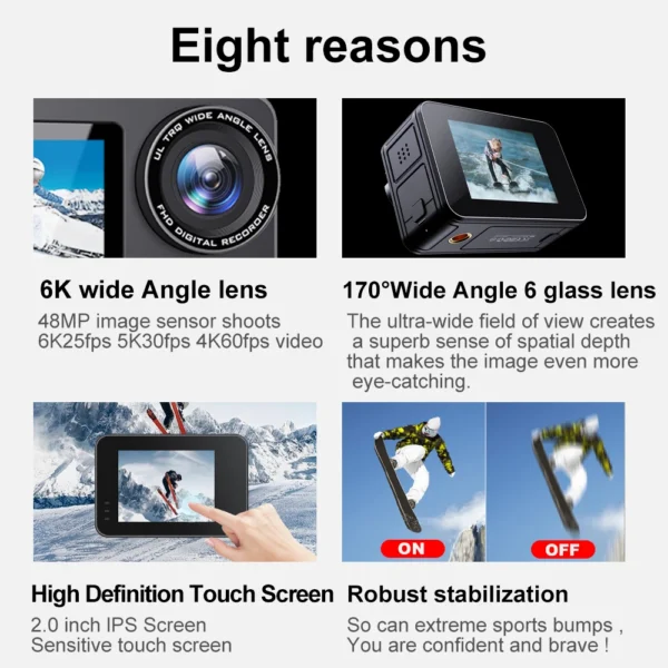 6K Action Camera Sony IMX576 Lens EIS 8X Zoom 48MP WiFi Dual Screen 20M Bare Metal Waterproof Sport Camera Sports DV Portability - Image 2